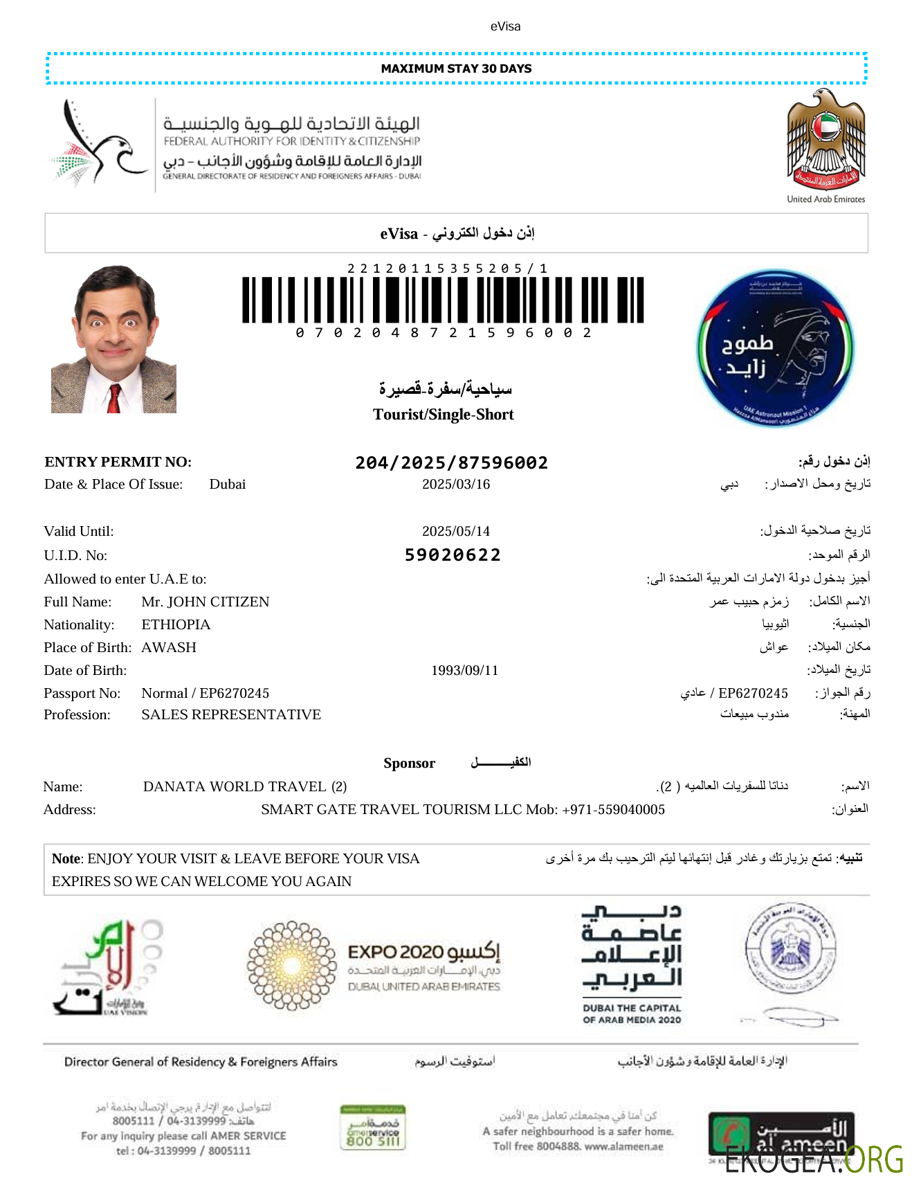 Modèle de visa électronique des Émirats arabes unis aux formats Word et PDF, version 5